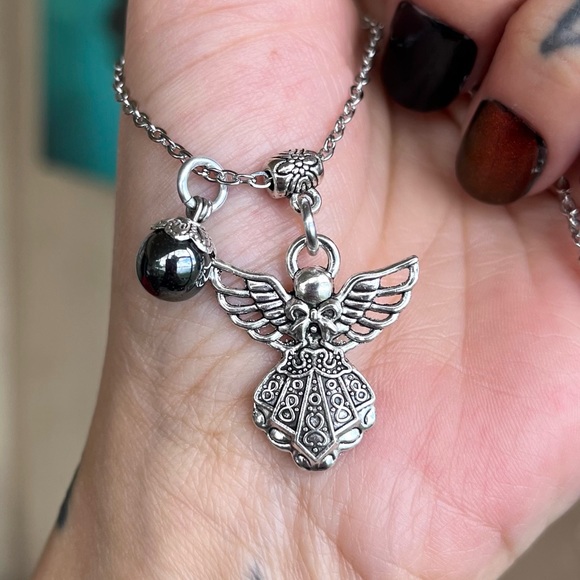 🔴 Hematite bead angel charm stainless steel boho silver gemstone necklace . - Picture 5 of 9